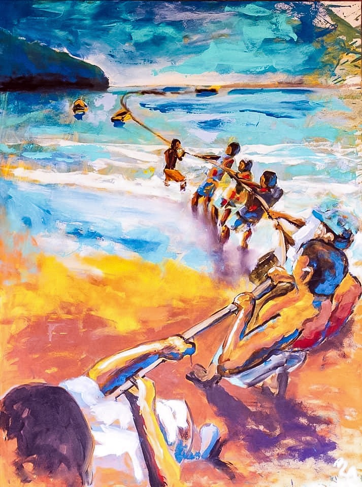 The Struggle, The Scenery by Sir Calvert Jones, depicting people pulling a fishing net beside the Caribbean sea.
